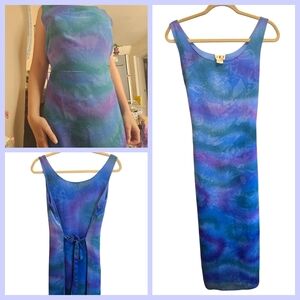 Vintage Sheer Tie Back Maxi Dress 70s 80s Blue Purple Floral Dyed Size Small IFI
